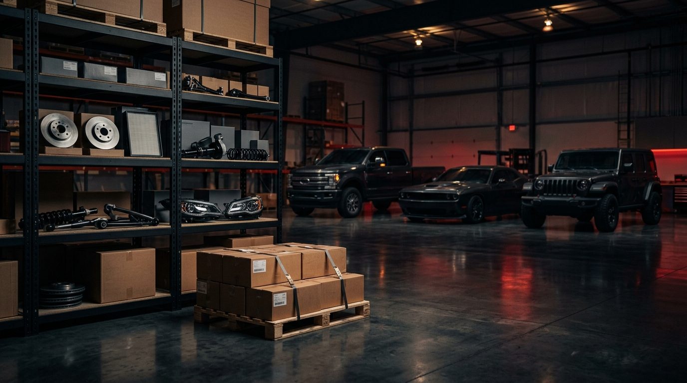 Organized Mopar parts and export cartons in a dark warehouse with Dodge, Jeep, Chrysler and Ram vehicles